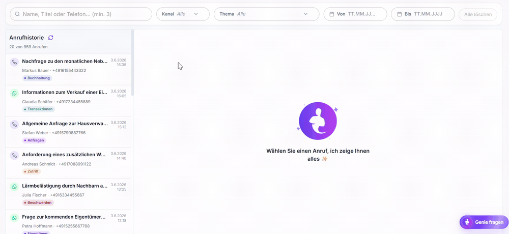 Die neue Anrufansicht im Geniefy-Dashboard: Anrufliste links, Anrufdetails mit Thema, Kontaktdaten und CRM-Ticket rechts.