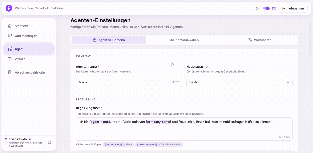 Die neuen Agenten-Einstellungen im Geniefy-Dashboard: Name, Begrüßung, Stimme, Sprechtempo, Wortschatz und Aussprache selbst anpassen.