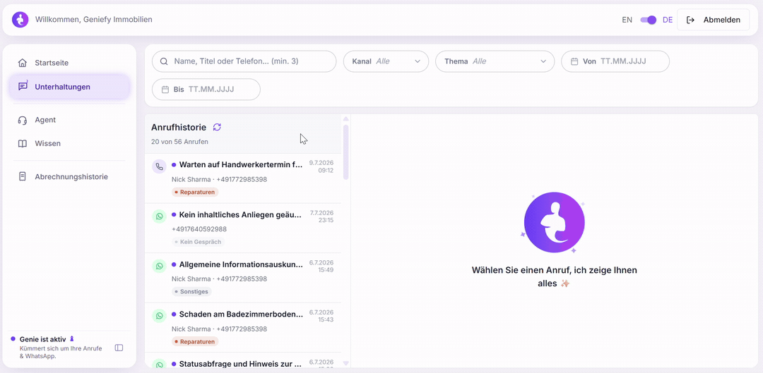Feedback direkt im Dashboard: ein Gespräch mit Daumen hoch oder runter bewerten und einzelne Nachrichten im Transkript markieren.