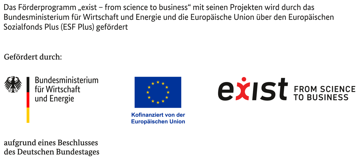 Gefördert durch das Bundesministerium für Wirtschaft und Energie und die Europäische Union über den Europäischen Sozialfonds Plus (ESF Plus), Förderprogramm EXIST.
