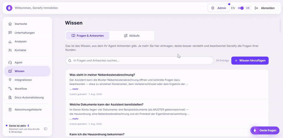 Der neue Bereich Wissen im Geniefy-Dashboard: einen eigenen Ablauf anlegen und pro Anliegen Fragen und Anweisungen festlegen.