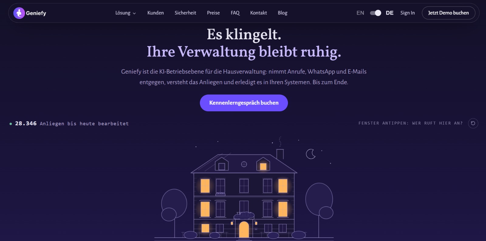 Die neue Website von Geniefy mit der beleuchteten Villa im Hero.